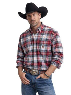 Cinch Men Red Plaid Western Cowboy Button-Down Long Sleeve Shirt XL 100% Cotton